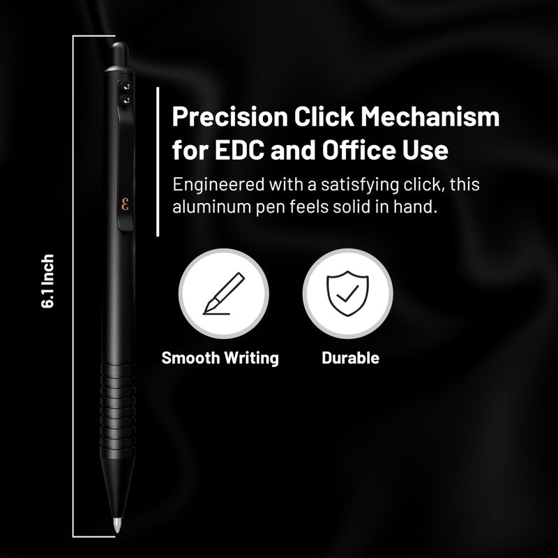 Everyman Black Grafton Full Click Refillable 0.7mm Gel Ink Pen | Sleek Anodized Aluminum EDC Pen with Deep Grooved Grip | Smooth Writing Pocket Pen for Office, Travel, Gifting & Daily Use - Image 3